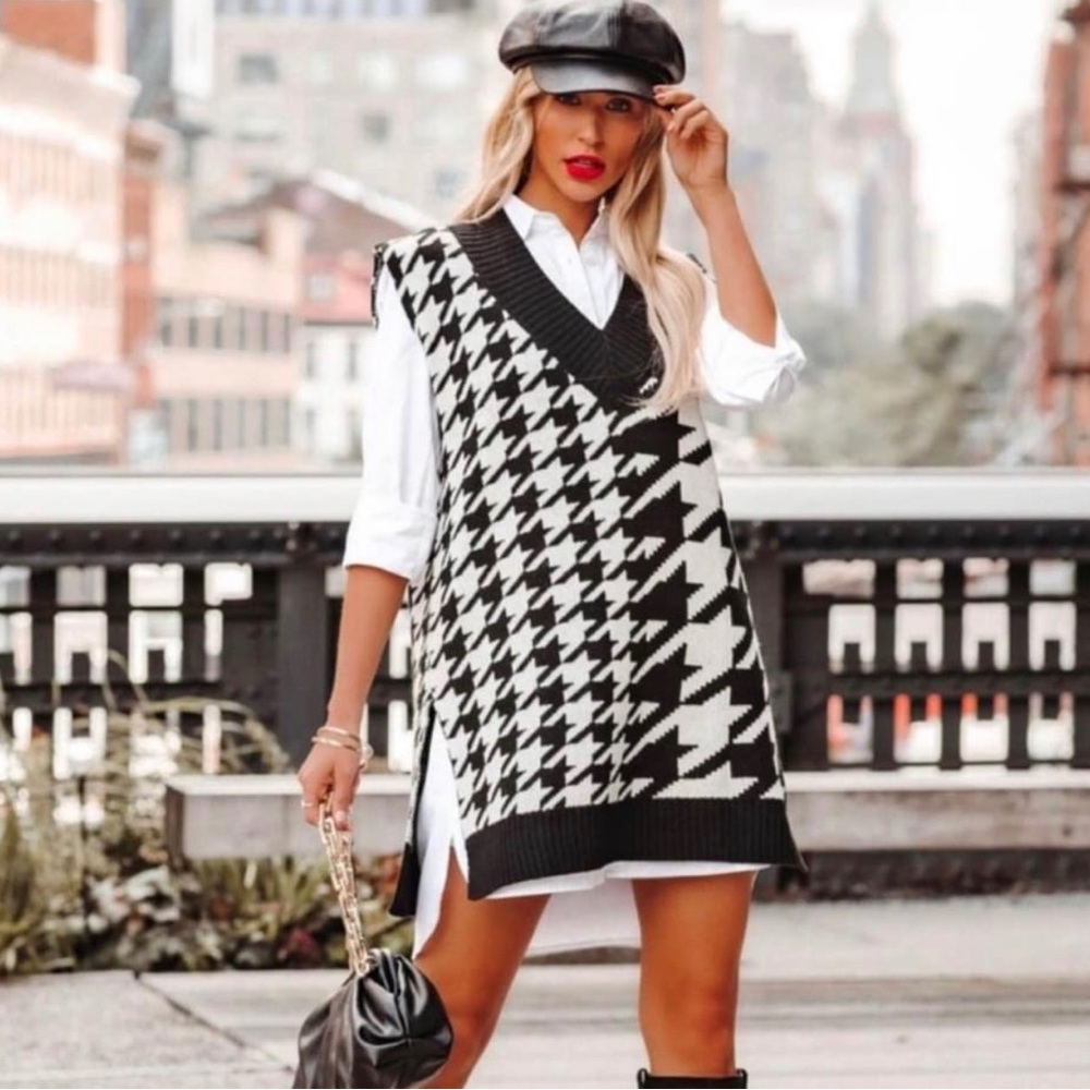Vici Houndstooth Sweater Dress with White Button Down Tunic
